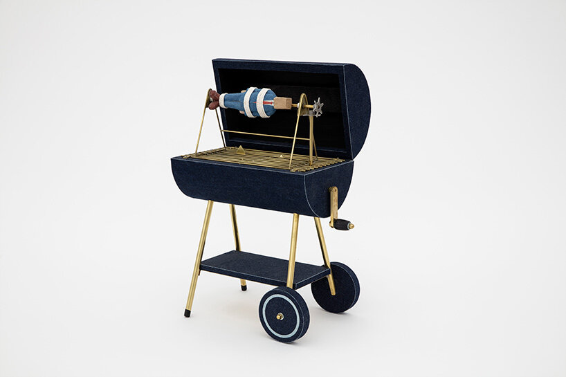 Pig, 2023. Brass, denim, plywood, rubber, flashe, paper, hardware. 21 1/2 x 15 x 12 inch. Photographer: Guillaume Ziccarelli. Courtesy of the artist and Perrotin.