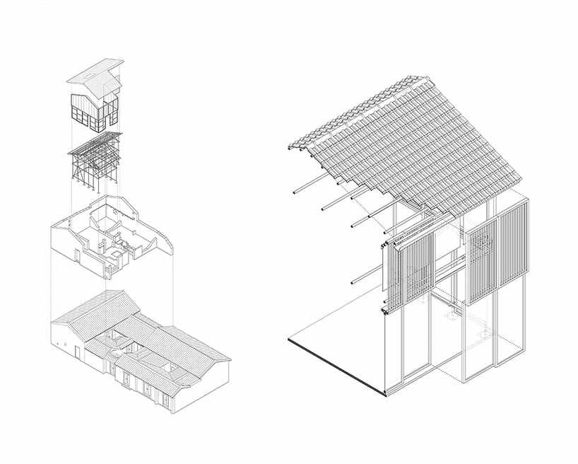Project Plum Grove isometric drawing - left: Old House palimpsest - right: light-touch interventions, paneling, roof construction