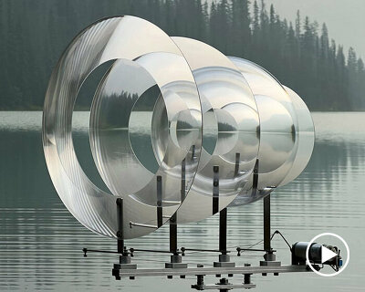 vincent leroy's hovering kinetic lens installation echoes the ripples of canada's emerald lake