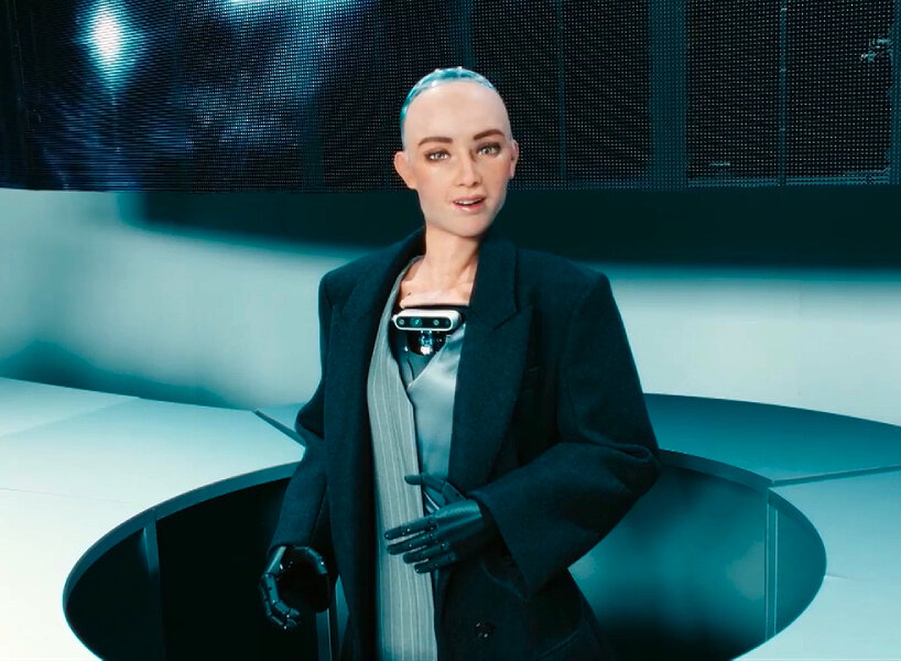 sophia the robot receives and interacts with guests at BOSS techtopia FW23  show in milan