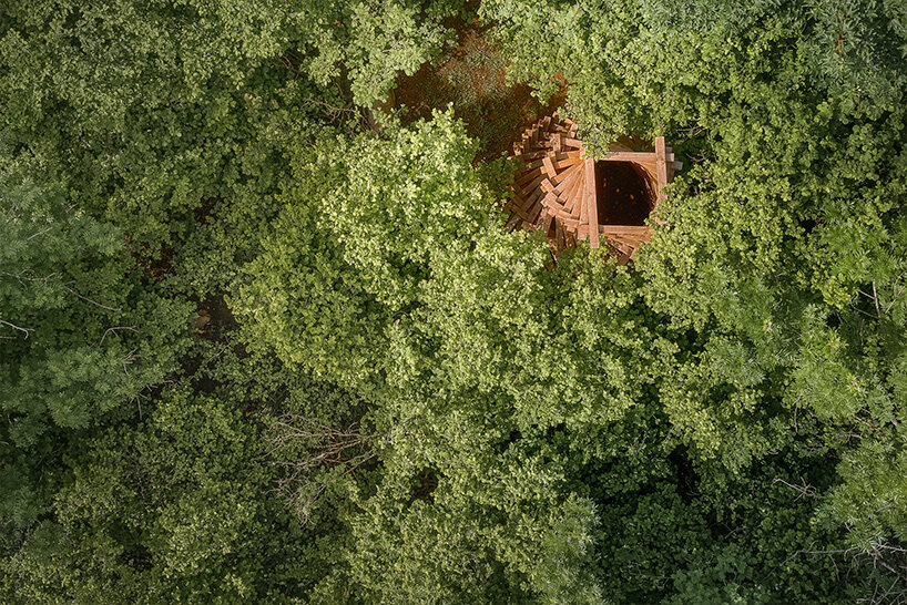 davide macullo's interwoven timber pavilions nestle in the swiss alps woodland 