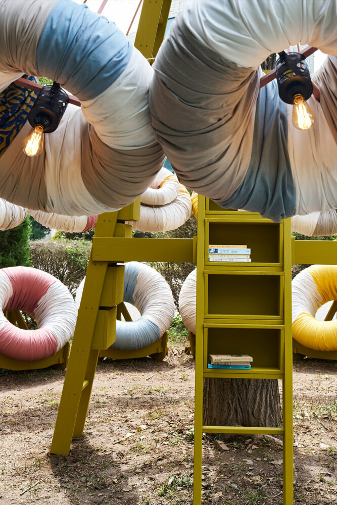 various textile patterns wrap the rings, giving them unique look