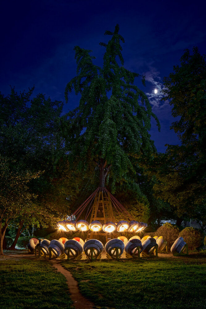 the pavilion emits a radiant glow at night