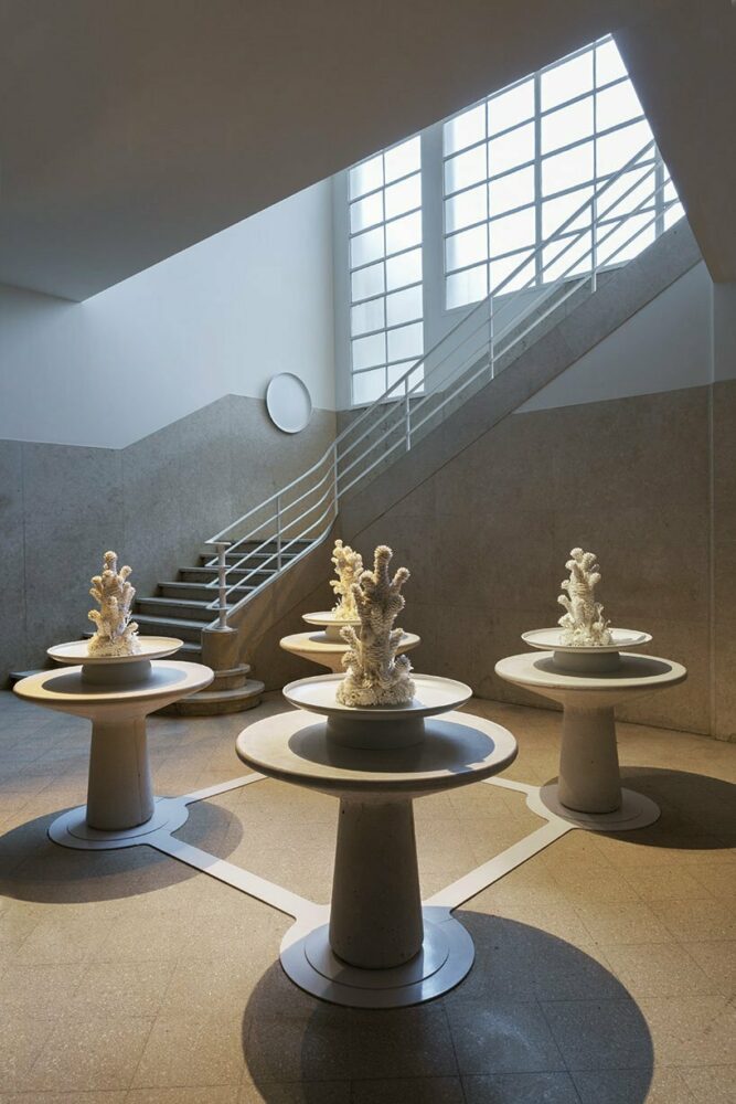 the polished granite floor, marble 'boiserie', and stairway retain their original form