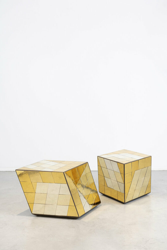 Futuro Socchiuso / Future Ajar (2023) by Sam Orlando Miller | mirror, pigment, 40 x 40 x 40 cm 