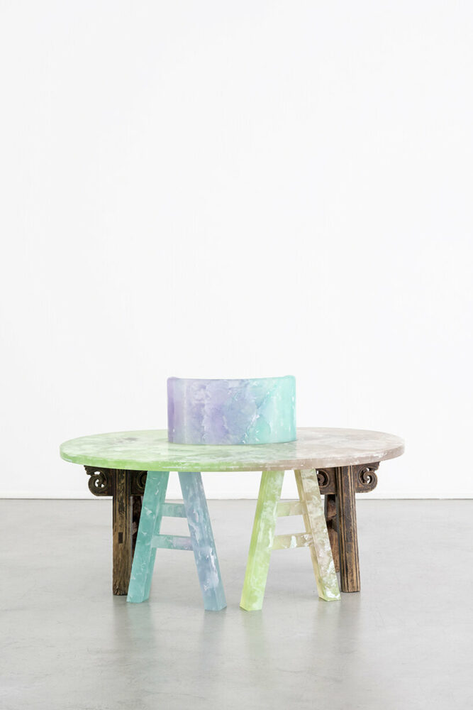 Dialogue (2023) by Jie Wu | antique wood, resin, 65 x 105 x 72 cm 