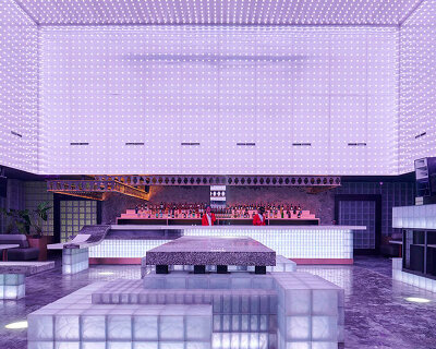 neon lights permeate glass block walls of renovated hidden basement bar in indonesia