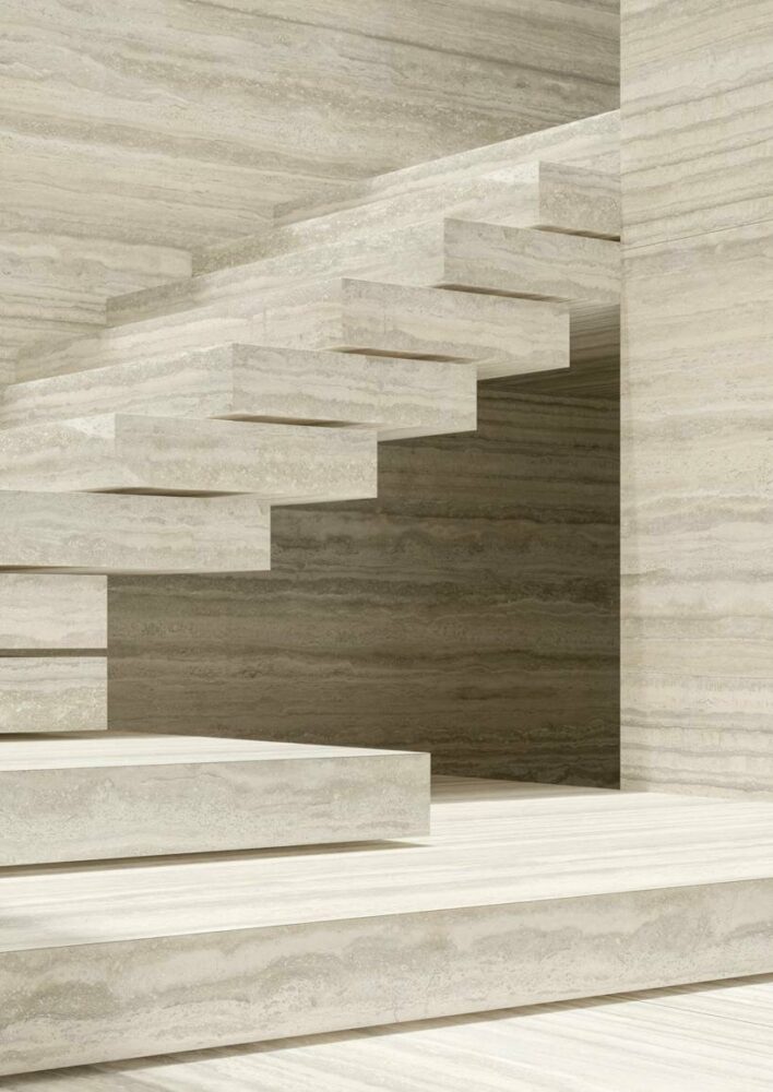 calming enough for a wall covering but robust enough for a stairway (Travertino Silver)