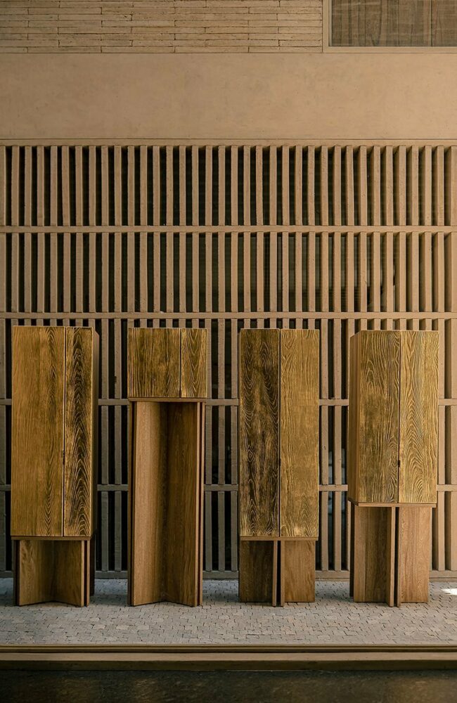 wooden AURUM cabinets clad in 23-karat gold leaf offer various configurations