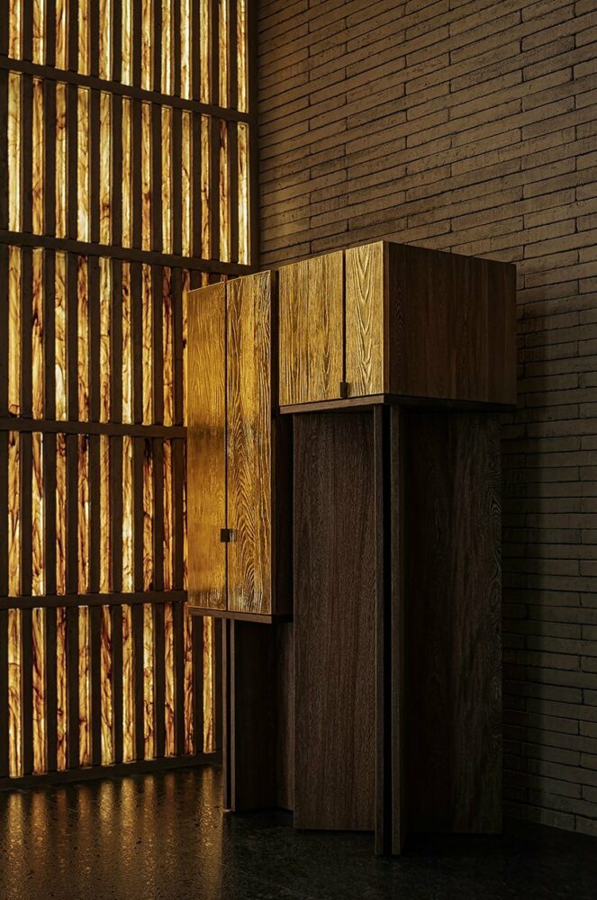 wooden AURUM cabinets clad in 23-karat gold leaf offer various configurations