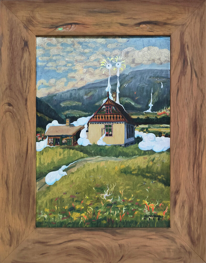 Vidya Gastaldon, Healing Painting (Canons À Neige), 2023, oil paint on found painting, 57.5 X 45 Cm | Image Courtesy Of ;Wilde, Genève; Art: Concept, Paris