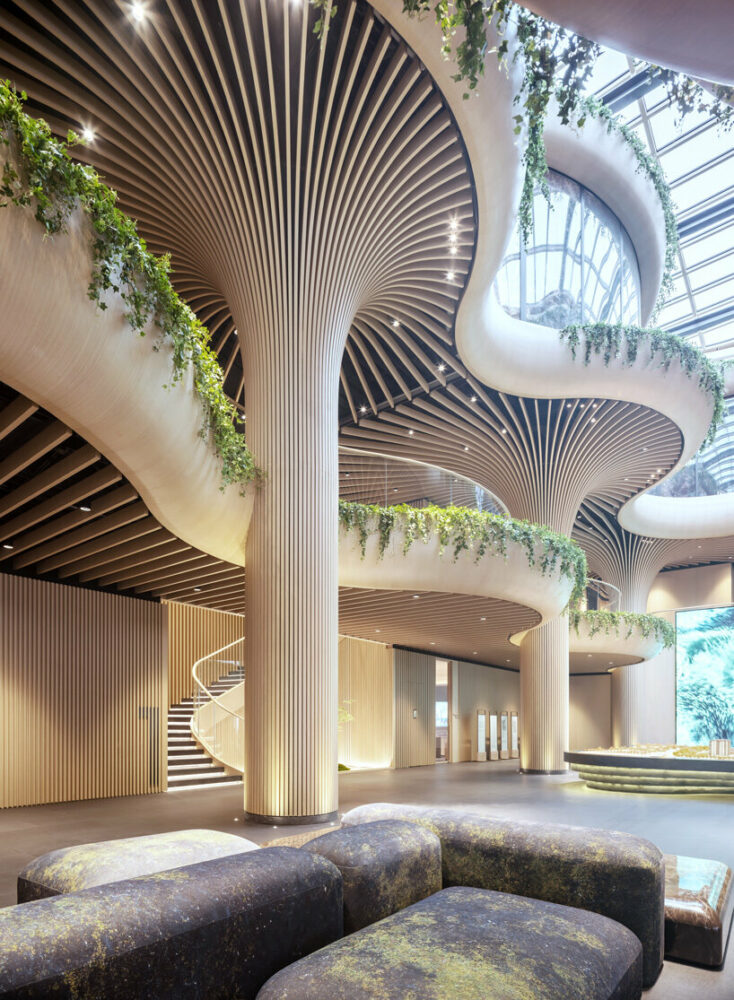 the artificial trees provide shelter and shade while letting fresh air flow through spaces