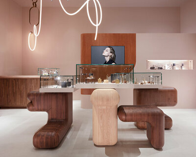 TORAFU architects injects playful wooden masses inside hirotaka jewelry's osaka store