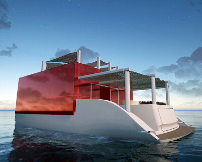 red glass house built on top of aluminum catamaran makes up the floating ‘cube houseboat’
