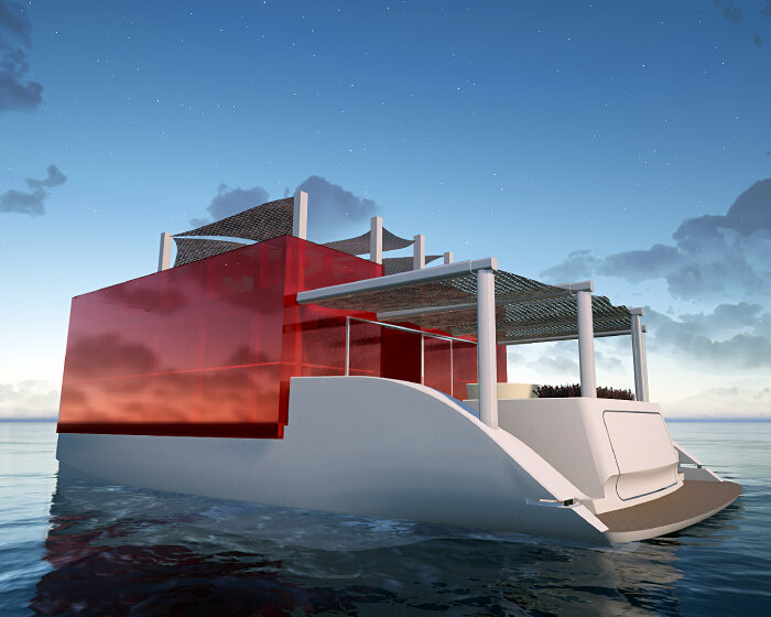 red glass house built on top of aluminum catamaran makes up the floating ‘cube houseboat’