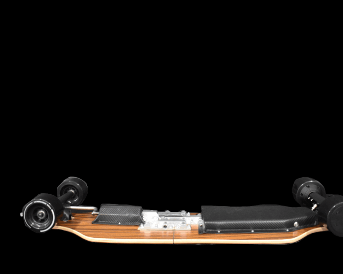 electric corsair longboard folds in the middle like briefcase so students can bring it anywhere