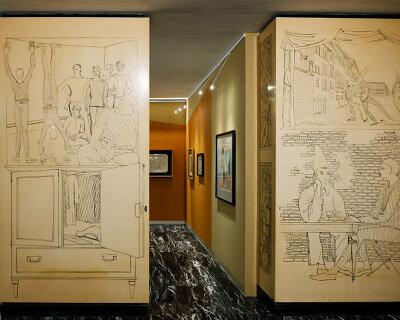 fornasetti exhibits restored harlequin drawings on panels at cineteca milano for the first time
