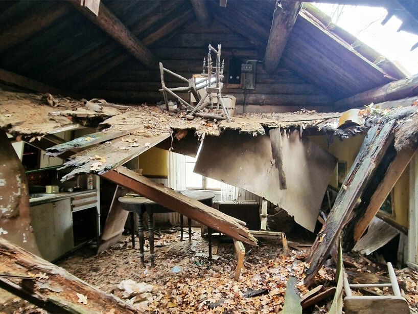 the original collapsed interior next to the gable