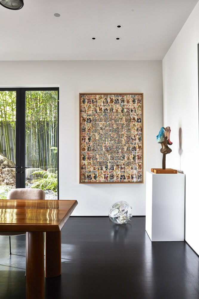 dining room with Paul Hayes terrarium and Michelangelo Pisoletto works