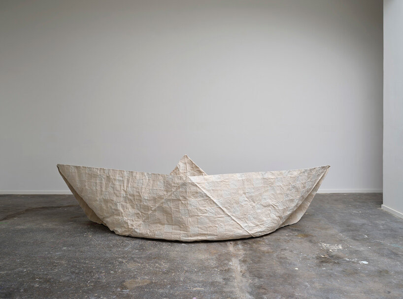 design duo crafts oversized fabric boat recalling patchwork traditions and japanese origami