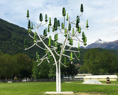 aeroleaf hybrid's tree-shaped wind turbine includes solar panels for dual energy production
