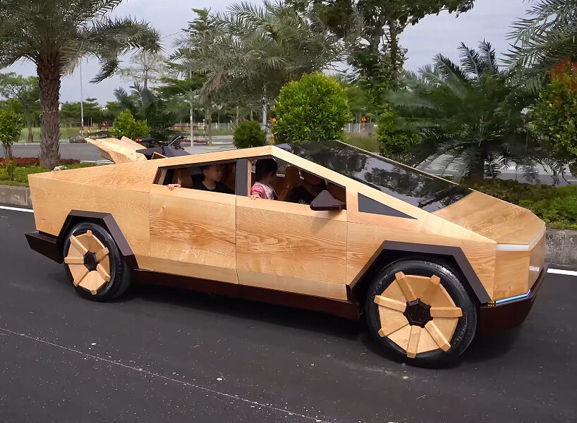 functional wooden tesla cybertruck father son
