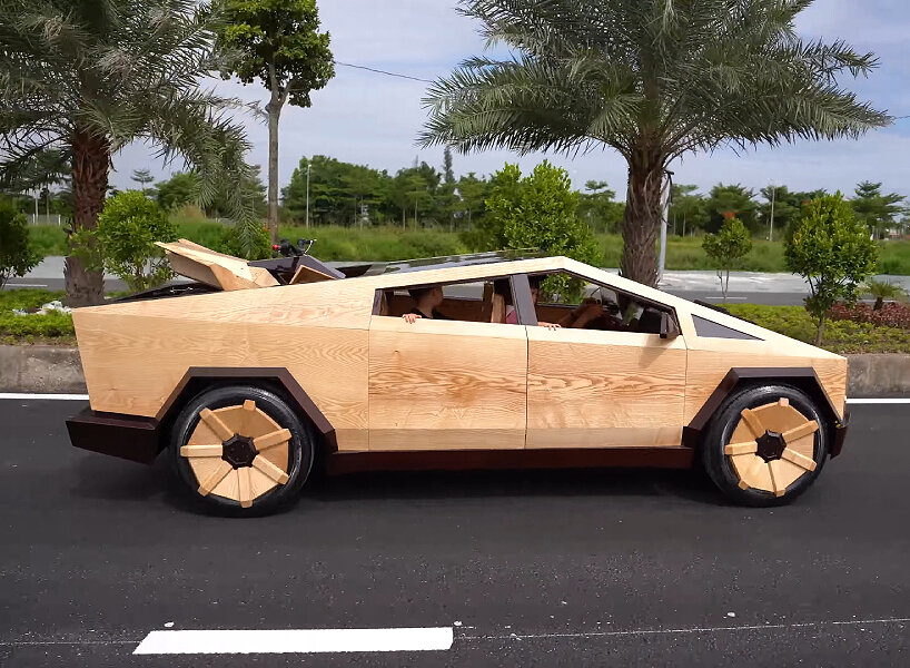 functional wooden tesla cybertruck father son