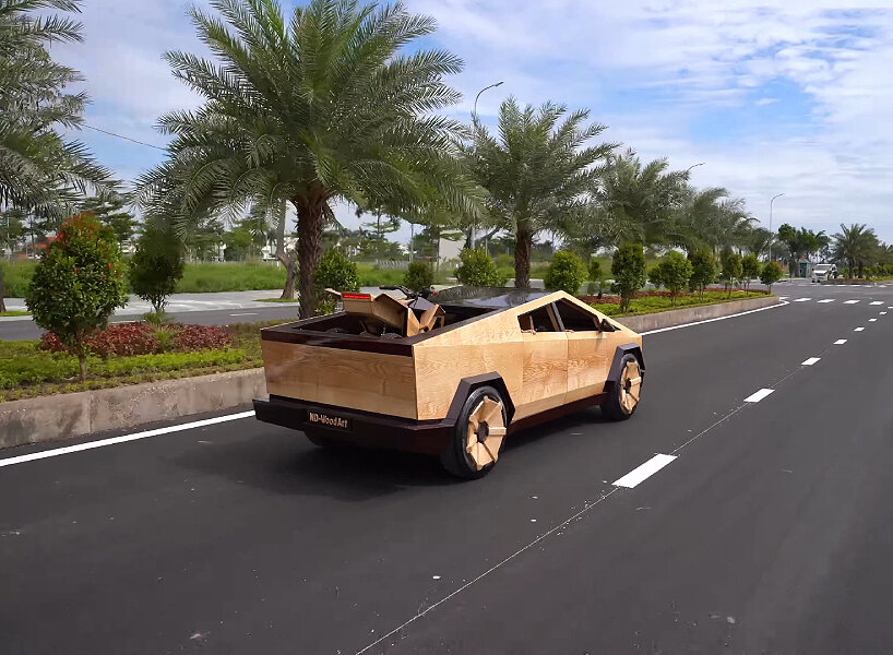 functional wooden tesla cybertruck father son