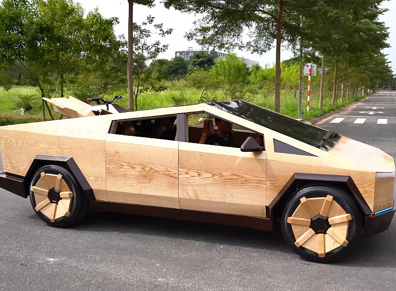 functional wooden tesla cybertruck father son