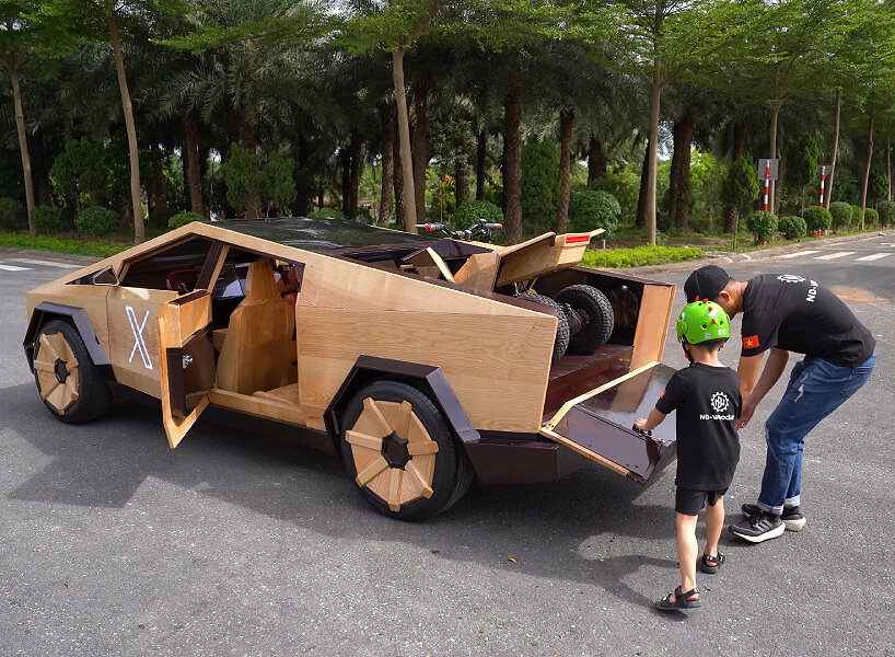 functional wooden tesla cybertruck father son