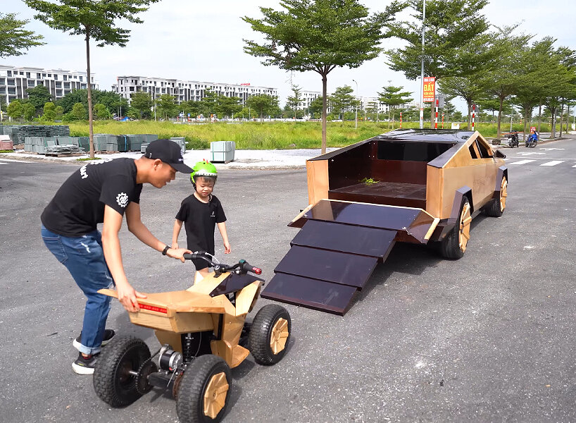 functional wooden tesla cybertruck father son