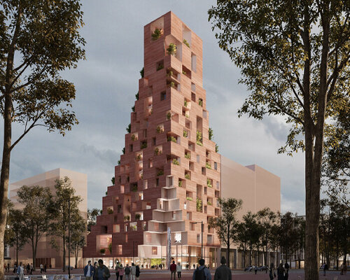 first look at CHYBIK + KRISTOF's winning design for a cascading red tower in tirana