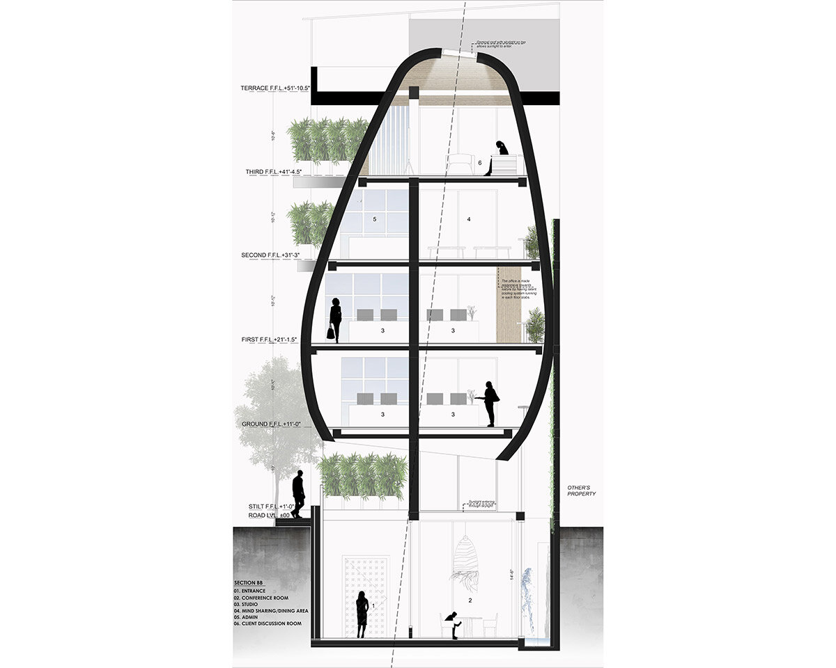 atrey design studio's tilted workspace resembles the swaying trees