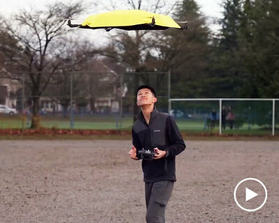 flying umbrella follows people wherever they go to protect them from getting wet in the rain