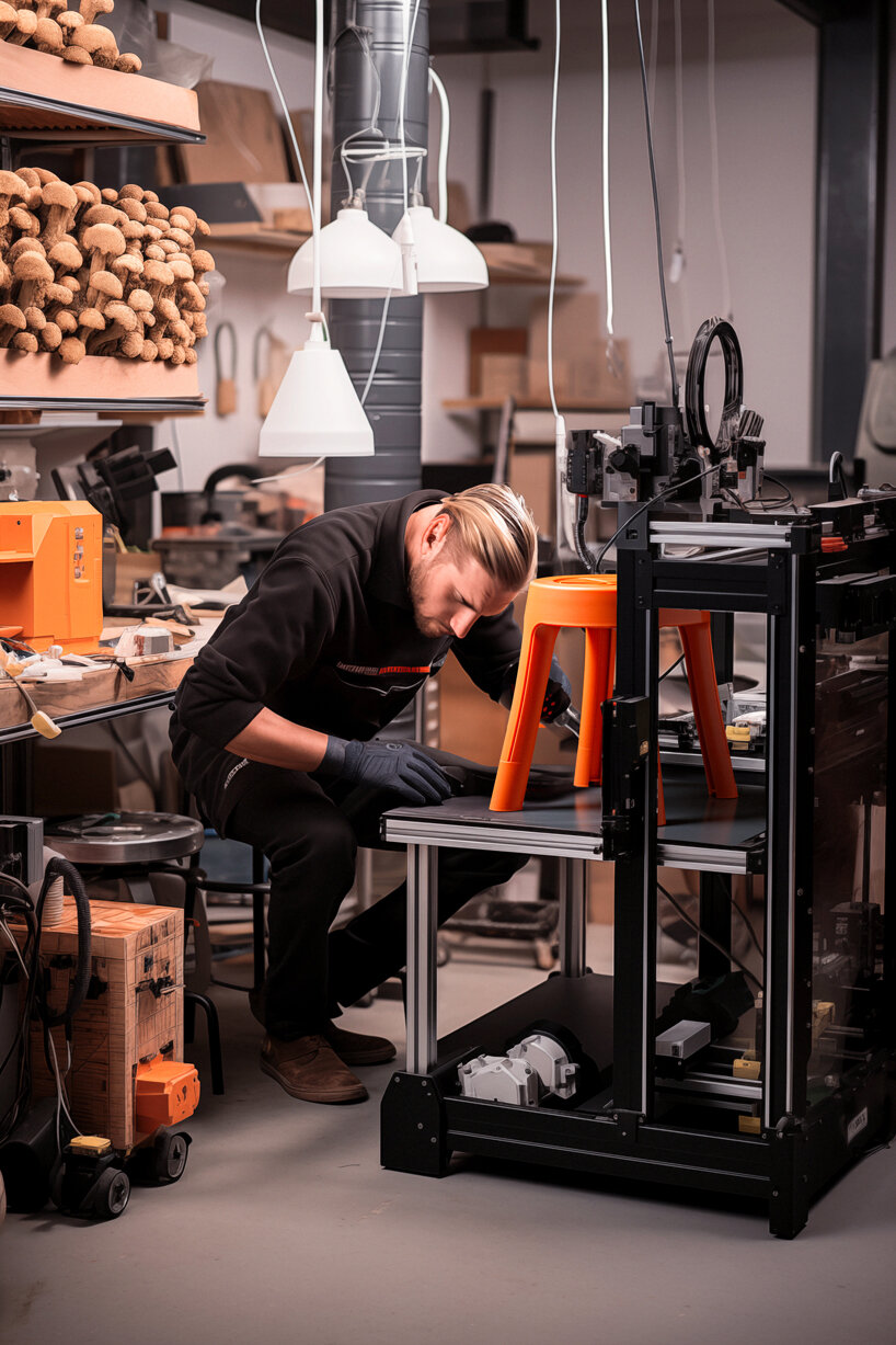 Jamie's home, chairs created by 3D printers using a mushroom compound