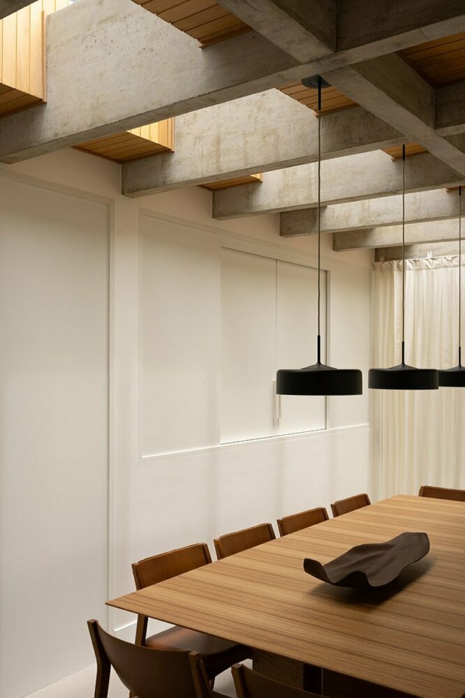 skylights naturally illuminate the dining room and contribute to daytime energy efficiency