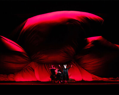 numen/for use's inflatable curtains for rigoletto morph into surreal backdrops at teatro real