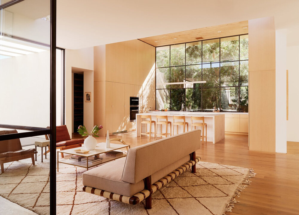 skylights and glass walls frame wood scenes in LA's rustic canyon house