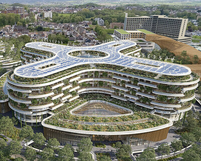vincent callebaut's biophilic hospital campus in belgium unfolds around flower-shaped atrium