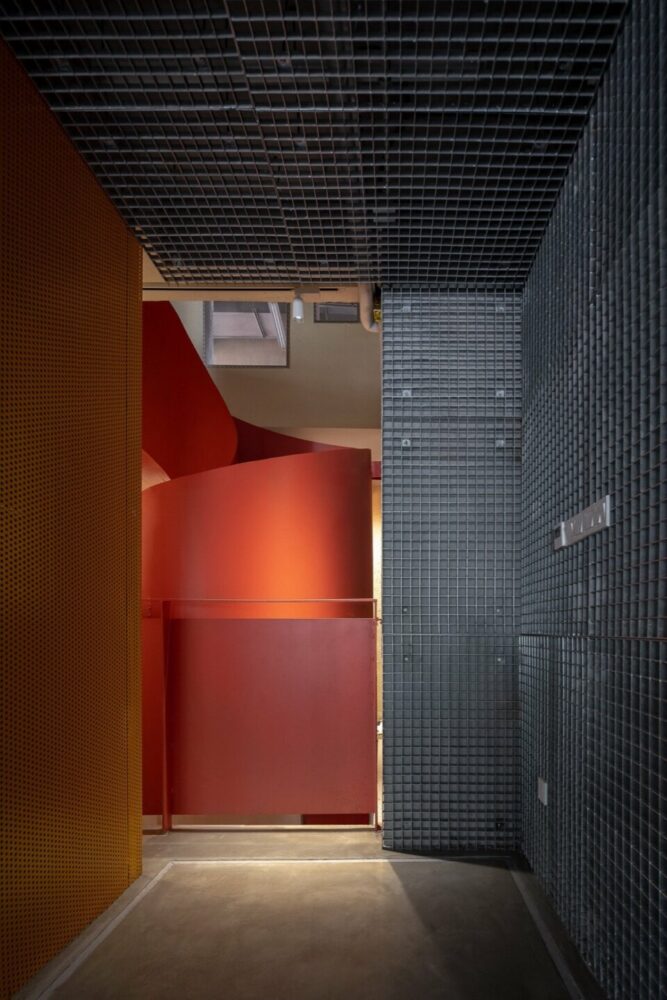 partial view of the spiral staircase in the atrium