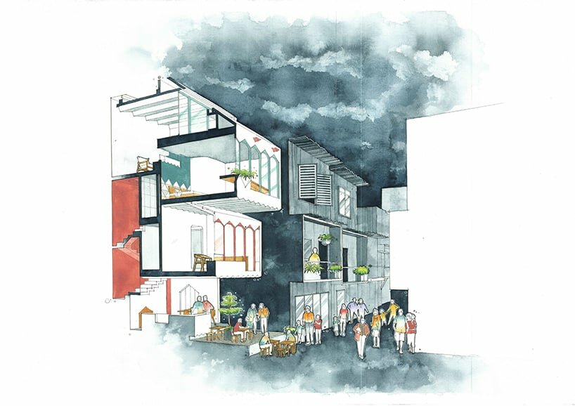 sketch - the cantilever structure embracing the alley