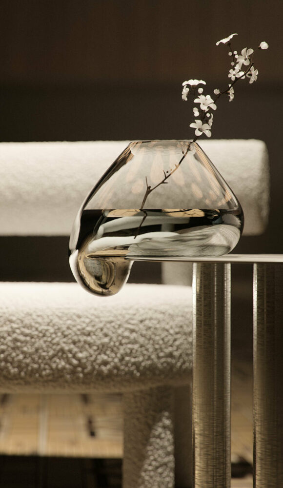 Gropius sofa, Brandt coffee table and GUTTA vase designed by Kateryna Sokolova for NOOM, set against Oles Honchar Regional Universal Scientific Library, Kherson