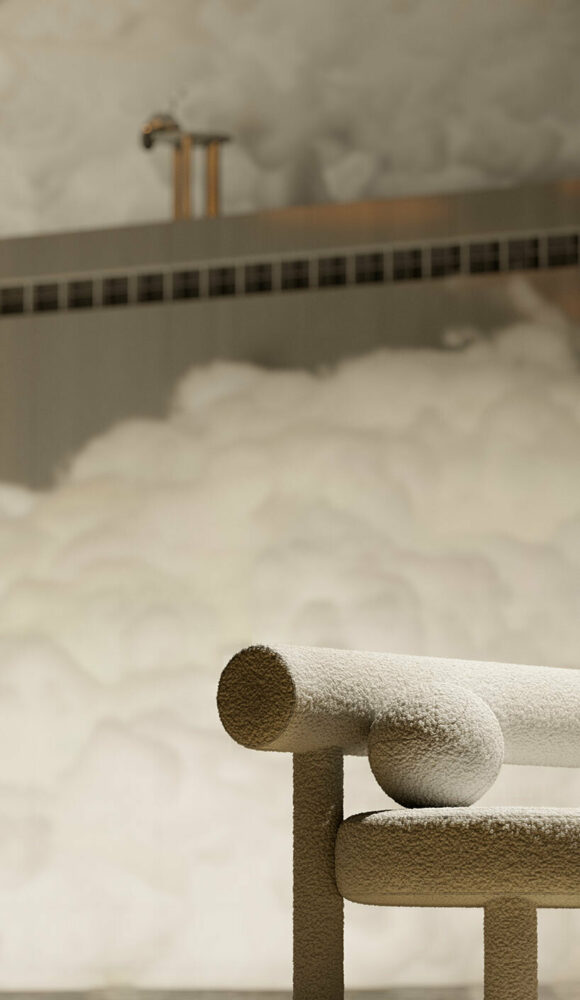 Gropius sofa, Brandt coffee table and GUTTA vase designed by Kateryna Sokolova for NOOM, set against Oles Honchar Regional Universal Scientific Library, Kherson