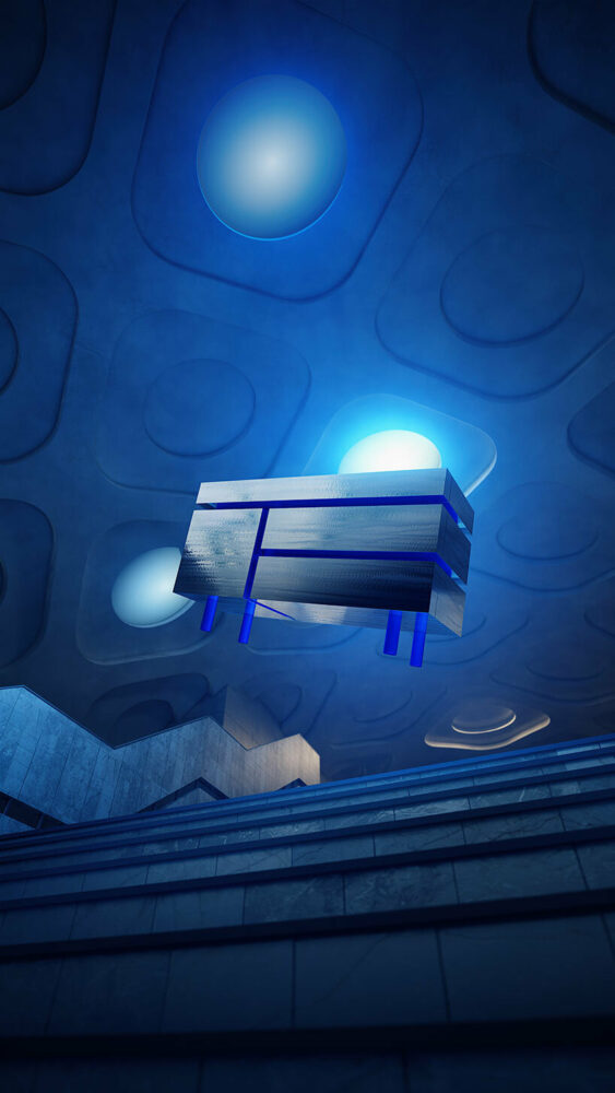 stainless steel sideboard Gerrit by NOOM, set against the Kryvyi Rih Metrotram