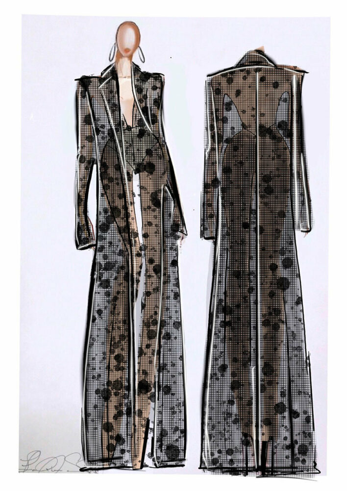 Sketch by LaQuan Smith of a jacket and jumpsuit outfit inspired by the Black Panther film, 2018 | image © LaQuan Smith