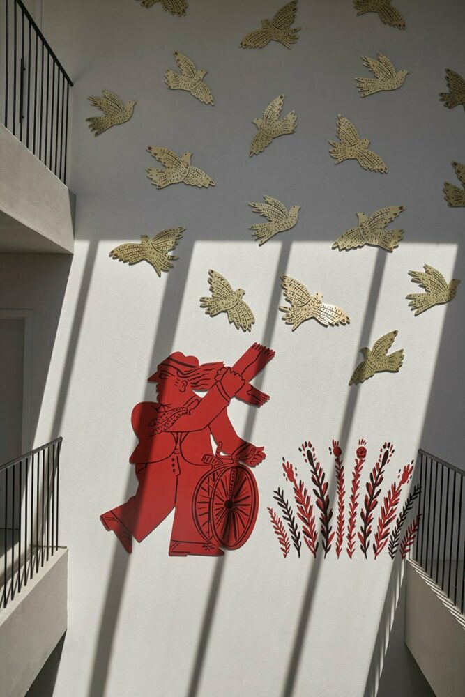 Alekos Fassianos's artwork on the interior patio