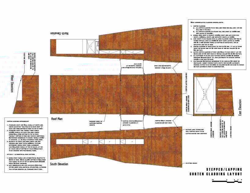 stepped/lapping corten cladding 'filet' layout