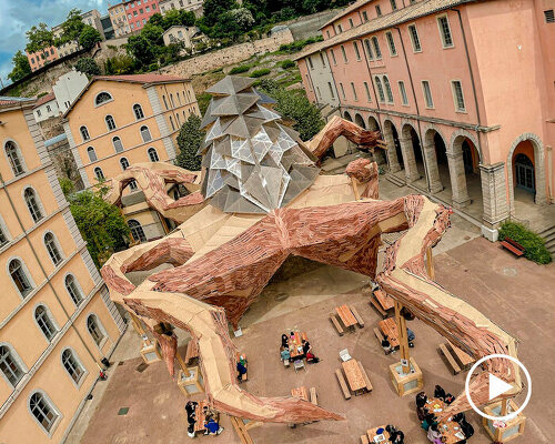 kraken installation made of reclaimed wood spreads its tentacles in lyon