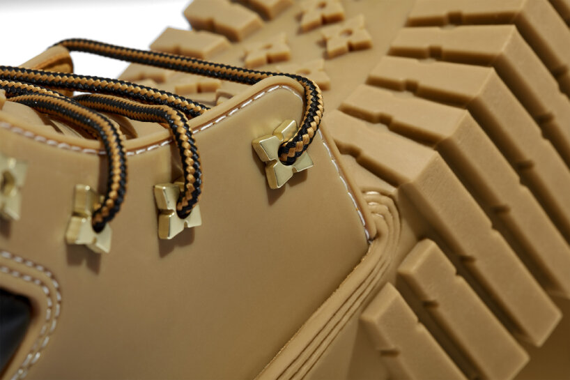 detailed view of MSCHF's 2x4 lumberjack rubber Boots