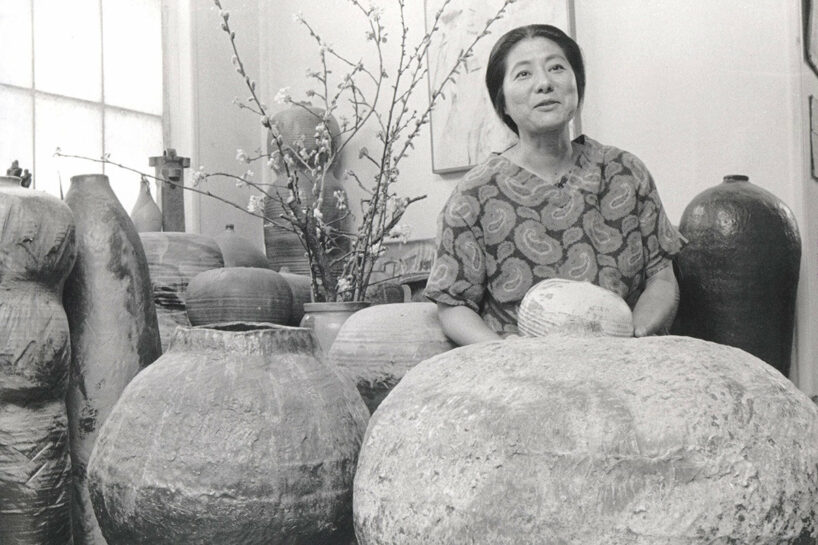 Toshiko Takaezu with work in her Clinton, New Jersey, studio, c. 1965. Toshiko Takaezu Archives. © Family of Toshiko Takaezu